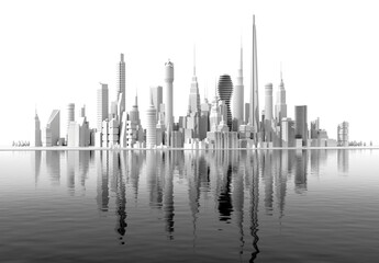 Fototapeta premium Modern city with skyscrapers locates by the sea. Office and residential blocks, financial area and beautiful reflection in the water. 3D rendering illustration, panoramic view