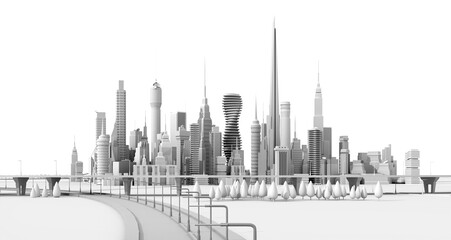 Modern city with skyscrapers and road, office and residential blocks, financial area. 3D rendering illustration, panoramic view