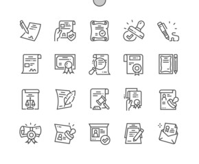 Legal documents. Official letter. Stamp, certificate, license and diploma. Pixel Perfect Vector Thin Line Icons. Simple Minimal Pictogram