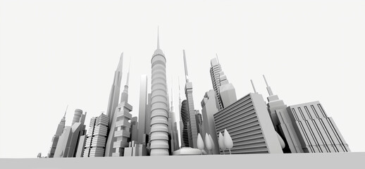 Modern city with skyscrapers, office and residential blocks, financial area. 3D rendering illustration, panoramic view
