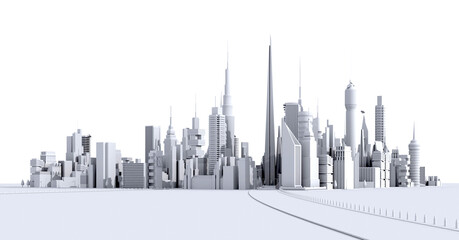 Fototapeta na wymiar Modern city with skyscrapers and road, office and residential blocks, financial area. 3D rendering illustration, panoramic view