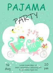 Pajama party invitation in pastel colors, two cats ride a bike in sleep masks with a cake.