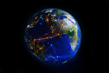 Planet Earth 3D rendering illustration. Neon lines symbolising internet connections, big data concept, global communication and business.  
