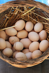 Straw basket with many fresh chicken eggs