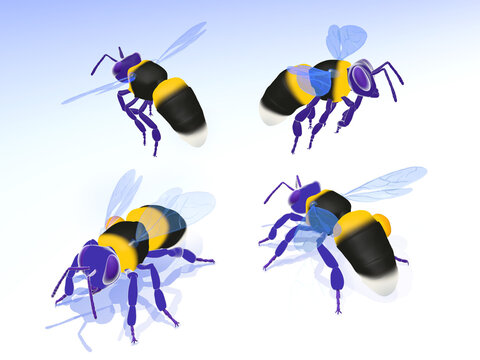 3d Illustration Of Flat Style Bees With Bright Colors. From Various Points Of View, Cut Out On White Background.