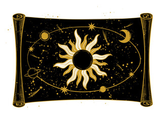 Papyrus with the structure of the universe, the sun, moon and lpnete on a black sky background. Mystical space banner for tarot, astrology, astronomy. Vector boho illustration, tattoo.