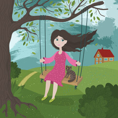 Spring is coming card. Girl and nostalgia. A girl and cat on a swing. Best time poster. Nostalgia for the homeland. A woman remembers her childhood. Colored flat vector illustration 