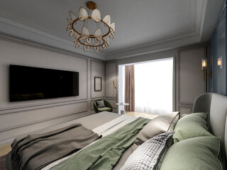 3D rendering, elegant and spacious bedroom design of modern apartment, overcoat cabinet beside the big bed, with dressing table and green plants