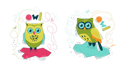 Cute owl in flat style - set of prints. Vector illustration in Scandinavian style. Concept for children, baby print.
