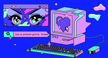 Vaporwave the 90's like style collage with user interface elements and cartoon anime illustrations.