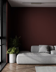 Interior wall mockup in dark red color with low sofa in living room with empty wall background. 3D rendering