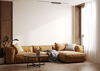 Scandinavian style living room interior mock up, modern living room interior background, brown sofa and plant, 3d rendering