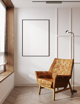 Poster mock up with horizontal frame on empty beige wall in living room interior with brown armchair, window and floor lamp. 3D rendering.