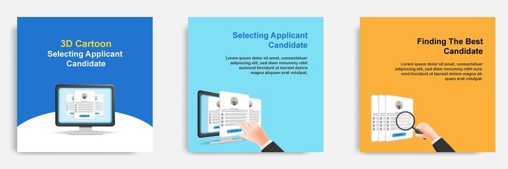 3D cartoon style. Social media informative candidate, applicant selection tips post banner template layout design. Recruiter filtering applicant in the monitor screen