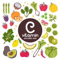 Food products with high levels of Vitamin C (ascorbic acid). Cooking ingredients. Fruits and vegetables.