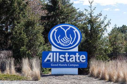 Northbrook, Illinois, USA - March 27, 2022: Allstate Headquarters Campus (Good Hands Campus) sign in Northbrook, Illinois, USA. The Allstate Corporation is an American insurance company. 