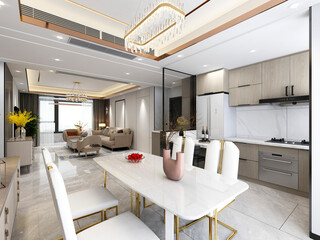 3D rendering,Spacious modern luxurious kitchen with bar design.