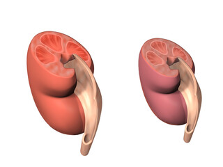 3d illustration of the anatomy of a healthy kidney next to a diseased kidney. Sectioned interior and realistic style.