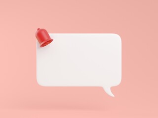 3d speech bubble icon with red notification bell isolate on pink background, social media concept. 3d illustration
