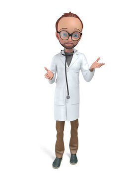 3d illustration of a cartoon young doctor, toon style. In an explanatory attitude towards a patient. Front view on white background.