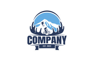 mountain adventure and sport logo with a combination of deer horn, mountain, mountain bike, skiing, and sky.