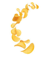 Delicious potato chips hovering in the air on a white background