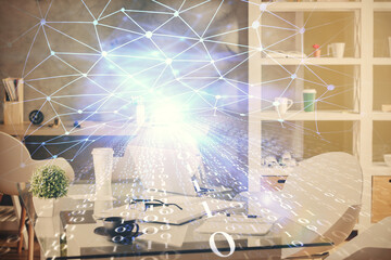 Double exposure of data theme drawing and office interior background. Concept of technology.