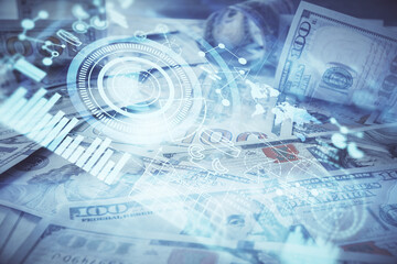 Multi exposure of business theme drawing over us dollars bill background. Concept of financial...