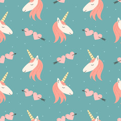 Vector seamless cartoon pattern with fabulous unicorns and hearts.