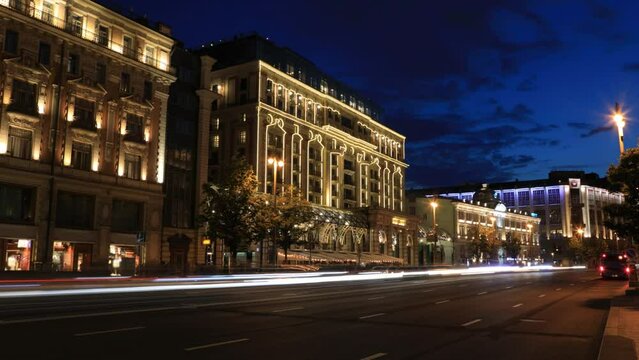Night city landscape with Tverskaya Street in the centre of Moscow, Russia
