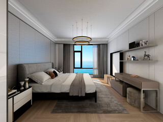 3D rendering, elegant and spacious bedroom design of modern apartment, overcoat cabinet beside the big bed, with dressing table and green plants