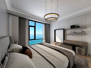 3D rendering, elegant and spacious bedroom design of modern apartment, overcoat cabinet beside the big bed, with dressing table and green plants