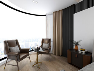 3D rendering, elegant and spacious bedroom design of modern apartment, overcoat cabinet beside the big bed, with dressing table and green plants