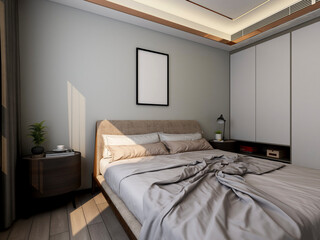3D rendering, elegant and spacious bedroom design of modern apartment, overcoat cabinet beside the big bed, with dressing table and green plants