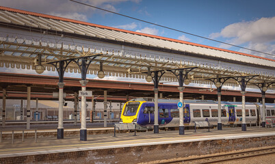 Train at a station platform.