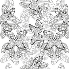 Seamless pattern of black silhouettes of butterflies on white background