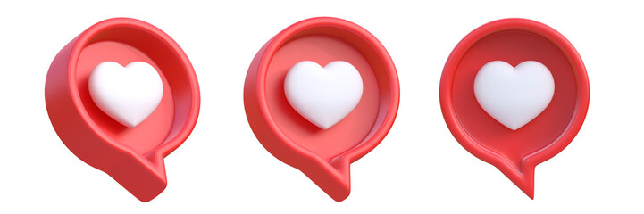 Set of heart in speech bubble icon isolated on a white background. Love like heart social media notification icon.  Emoji, chat and Social Network. 3d rendering, 3d illustration