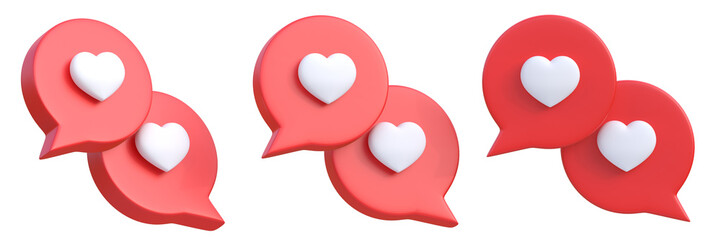 Set of heart in speech bubble icon isolated on a white background. Love like heart social media notification icon.  Emoji, chat and Social Network. 3d rendering, 3d illustration