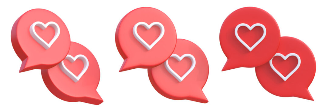 Set of heart in speech bubble icon isolated on a white background. Love like heart social media notification icon.  Emoji, chat and Social Network. 3d rendering, 3d illustration