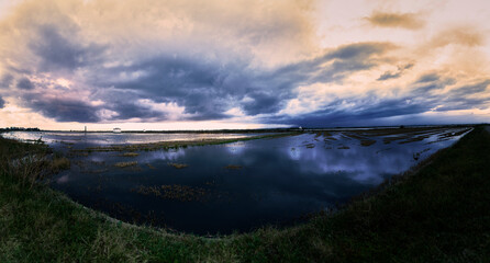 Flooded rice field for sowing with clouds.Albufera Valencia