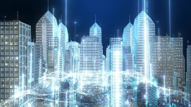 Futuristic digital city skyline. Big data, Artificial intelligence, Internet of things. 3D rendering.