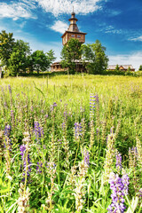 Idyllic rural landscape with a wooden church. Summer landscape. Wooden church on a flower field on a sunny summer day