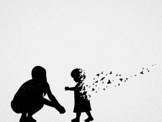 Mother and child silhouette. Dying girl and birds. Death and afterlife