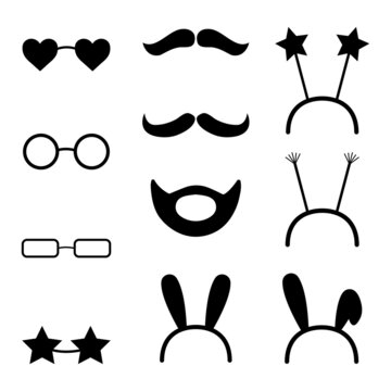 Collection of black photo booth icons. Mustache, glasses, beard. Vector silhouettes for a party.