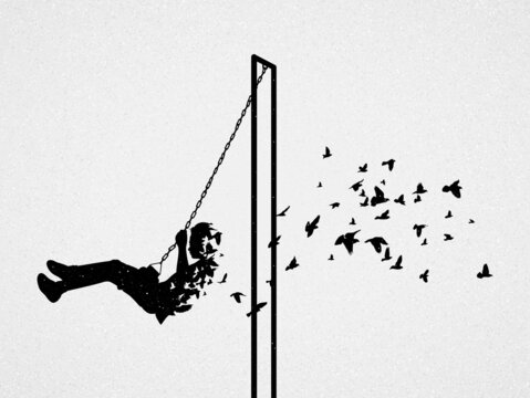 Boy on swing silhouette. Dying child. Death and afterlife. Flying bird