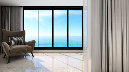 3D rendering, spacious and bright urban residential enclosed balcony design, green plants and household appliances look casual and comfortable