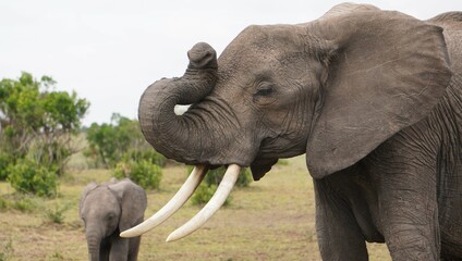 Fototapeta na wymiar An elephant mother with her trunk up.