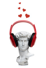 Gypsum  statue David's head wearing red headphones. Red hearts on a white background. Minimal creative concept art.