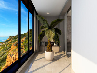 3D rendering, spacious and bright urban residential enclosed balcony design, green plants and household appliances look casual and comfortable