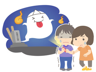 肝試しをする子供のイラスト　幽霊　おばけ　人魂　墓